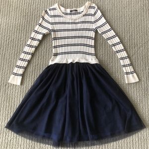Vintage striped sweater, tulle dress, pearl collar